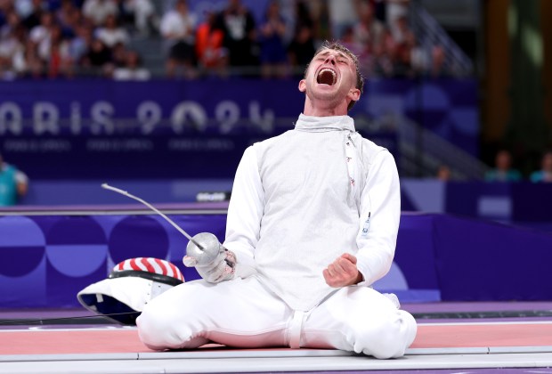 Nick Itkin of Team United States celebrates victory in the Men's Foil Individual Table of 8 match between Guillaume Bianchi of Team Italy and Nick Itkin of Team United States on day three of the Olympic Games Paris 2024 at Grand Palais on July 29, 2024 in Paris, France. (Photo by Carl Recine/Getty Images) *** BESTPIX ***