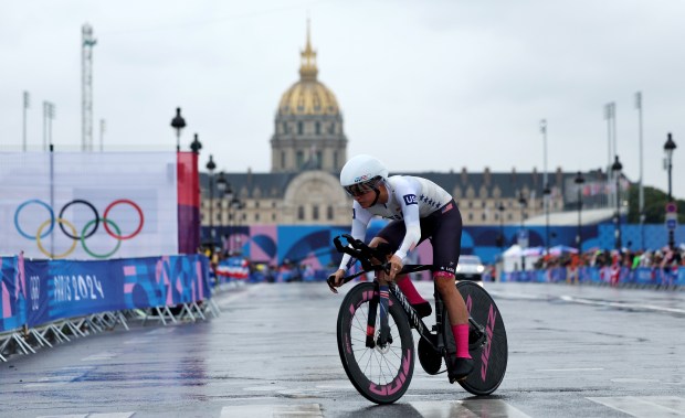 Chloe Dygert of Team United States competes near the Hotel des Invalides, during the Women's Individual Time Trial on day one of the Olympic Games Paris 2024 at Pont Alexandre III on July 27, 2024 in Paris, France. (Photo by Tim de Waele/Getty Images)