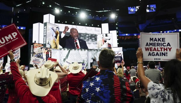 Lt. Gov. Mark Robinson of North Carolina speaks on the first night of the Republican National Convention at the Fiserv Forum in Milwaukee, Wis., on July 15, 2024. Robinson was one of several prominent Black Republicans who spoke on Monday, at a time when their party is trying to peel off Black voters from Democrats. (Haiyun Jiang/The New York Times)