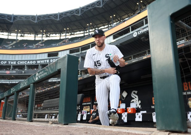 White Sox starting pitcher Garrett Crochet heads to the bullpen to warm up for a game against the Pirates at Guaranteed Rate Field on July 12, 2024, in Chicago. (John J. Kim/Chicago Tribune)