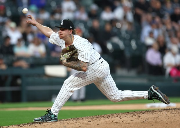 White Sox starting pitcher Mike Clevinger delivers to the Orioles in the fourth inning at Guaranteed Rate Field on May 23, 2024. (Chris Sweda/Chicago Tribune)