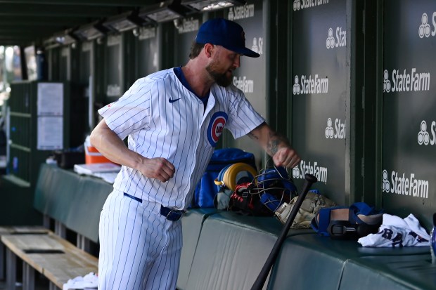 Colten Brewer #54 of the Chicago Cubs punches the dugout wall after being relieved in the third inning against the Los Angeles Angels at Wrigley Field on July 06, 2024 in Chicago, Illinois. (Photo by Quinn Harris/Getty Images)