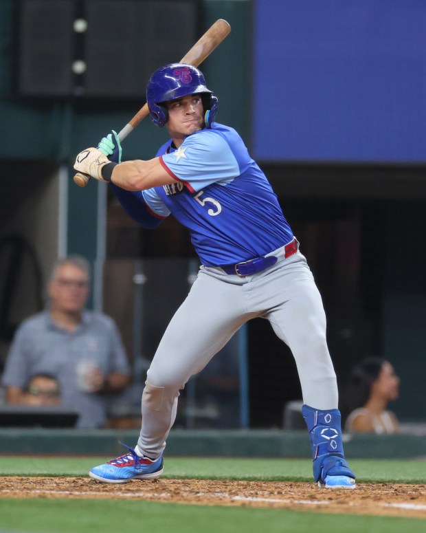 Matt Shaw #5 of the Chicago Cubs awaits a pitch during the fifth inning of the All-Star Futures Game at Globe Life Field on July 13, 2024 in Arlington, Texas. (Photo by Stacy Revere/Getty Images)