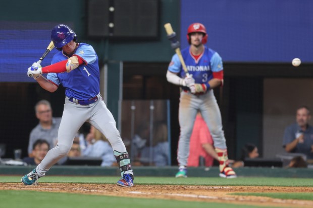 James Triantos #1 of the Chicago Cubs awaits a pitch during the sixth inning of the All-Star Futures Game at Globe Life Field on July 13, 2024 in Arlington, Texas. (Photo by Stacy Revere/Getty Images)