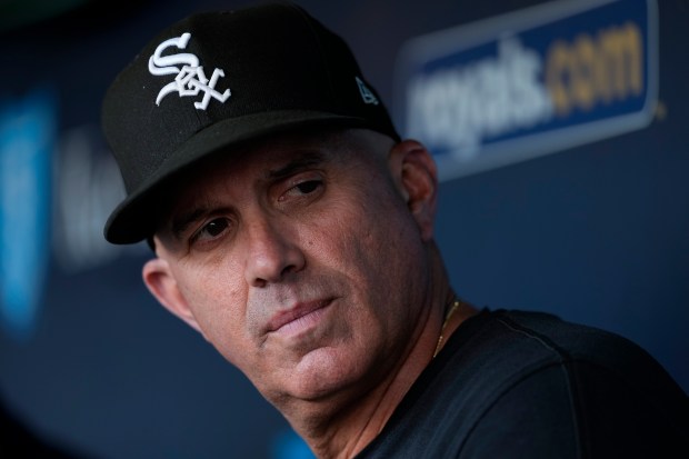 Pedro Grifol #5 manager of the Chicago White Sox listens to a reporter's question during a pre-game interview prior to a game against the Kansas City Royals at Kauffman Stadium on July 19, 2024 in Kansas City, Missouri. (Photo by Ed Zurga/Getty Images)