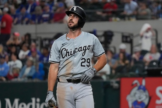 White Sox third baseman Paul DeJong heads to the dugout after striking out in the eighth inning against the Rangers on July 24, 2024, in Arlington, Texas. (LM Otero/AP)