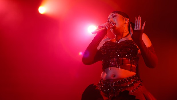 Kali Uchis performs at Byline Bank Aragon Ballroom in Chicago's Uptown neighborhood on May 15, 2023 as part of her Red Moon In Venus Tour. Uchis is a headliner for Miche Fest this weekend. (Trent Sprague / Chicago Tribune)