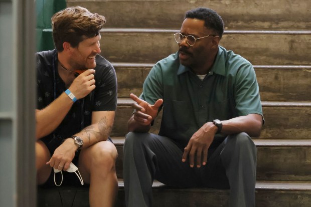 Colman Domingo (right) discusses a scene with "Sing Sing" director and co-writer Greg Kwedar. (Phyllis Kwedar/A24 via AP)