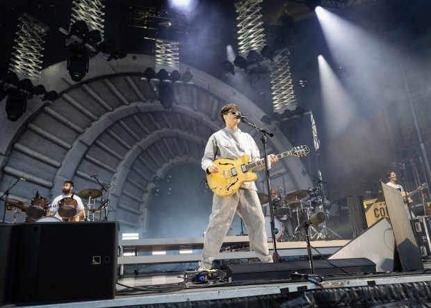 Chris Tomson and Ezra Koenig of Vampire Weekend perform on June 18, 2024 in Burnaby, British Columbia, Canada. (Andrew Chin/Getty Images)