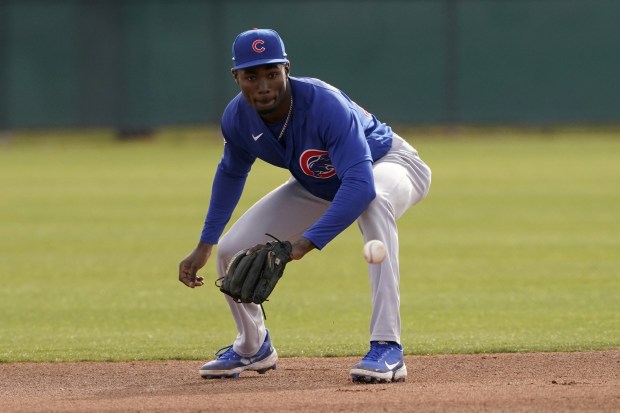 Cubs prospect Ed Howard runs drills during minor-league spring training on Feb. 28, 2022, in Mesa, Ariz.