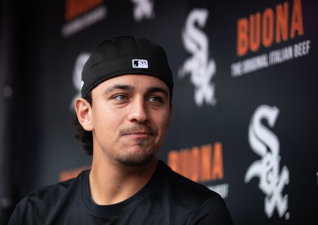 Chicago White Sox shortstop Nicky Lopez (8) speaks during an interview at Guaranteed Rate Field prior to facing the Colorado Rockies on Friday, June 28, 2024. (Trent Sprague/for the Naperville Sun)