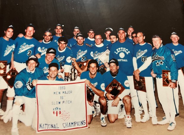 Bob Lopez, father of White Sox infielder Nicky Lopez, is a 16-inch-softball hall of famer. During his career, he helped his team Lettuce, pictured, win four Amateur Softball Association Nationals, one United States Specialty Sports Association national title, and the Forest Park No Gloves Nationals four times. (Lopez Family)