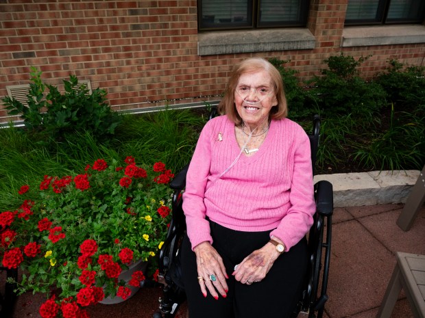 St. Patrick's Residence Nursing & Rehabilitation resident Frances Trombino, 102, poses for a portrait at the home's 1400 Brookdale Road facility in Naperville on July 9, 2024. (Tess Kenny/Naperville Sun)