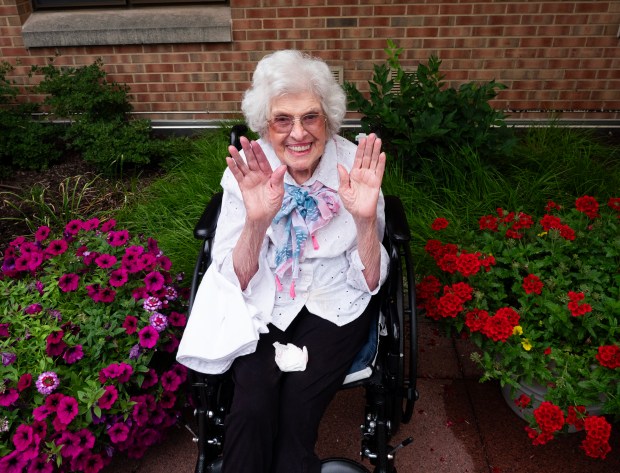 St. Patrick's Residence Nursing & Rehabilitation resident Christine Cappetta, 101, poses for a portrait at the home's 1400 Brookdale Road facility in Naperville on July 9, 2024. (Tess Kenny/Naperville Sun)