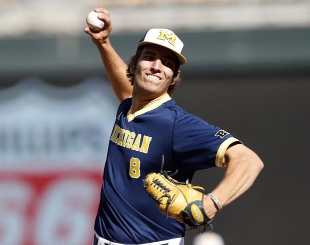 Former South Elgin pitcher Ryan Nutof throws for Michigan in a 2015 Big Ten game against Iowa. Jim Mone/AP