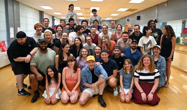 The cast on Sunday, July 7, 2024 after a West Ridge Center (636 W. Ridge Road) rehearsal in Highland Park of Les Misérables by the Uptown Music Theater of Highland Park. (Karie Angell Luc/Pioneer Press)