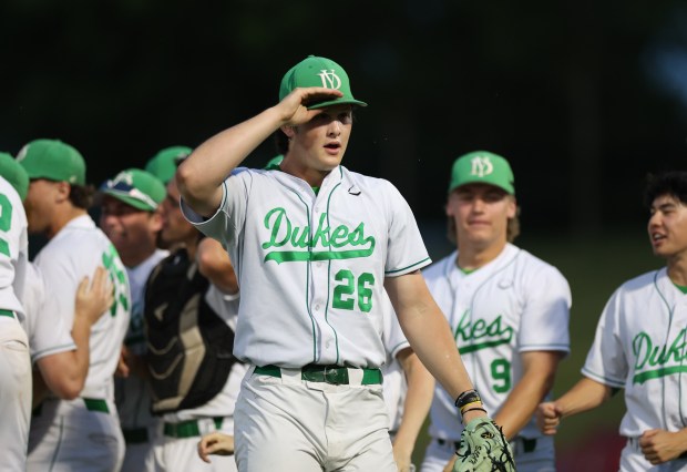 York pitcher Ryan Sloan (26) celebrates a win during the Class 4A Kane County Supersectional between McHenry and York at Northwestern Medicine Field in Geneva on Monday, June 3, 2024. (Trent Sprague/for the Pioneer Press)