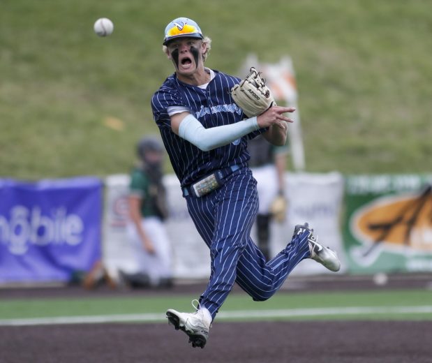 Nazareth's Cooper Malamazian throws the ball to first base for an out during a Class 3A state semifinal game against Crystal Lake South at Duly Health and Care Field in Joliet on Friday, June 10, 2022. (Mike Mantucca / Pioneer Press)