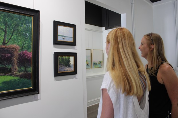 16-year-old Aubrey Hoyt and Charlene Hoyt, both of Wilmette, connect with artwork at the new Patrician Gallery & Gatherings during the Wilmette Sidewalk Sale. (Gina Grillo/Pioneer Press)