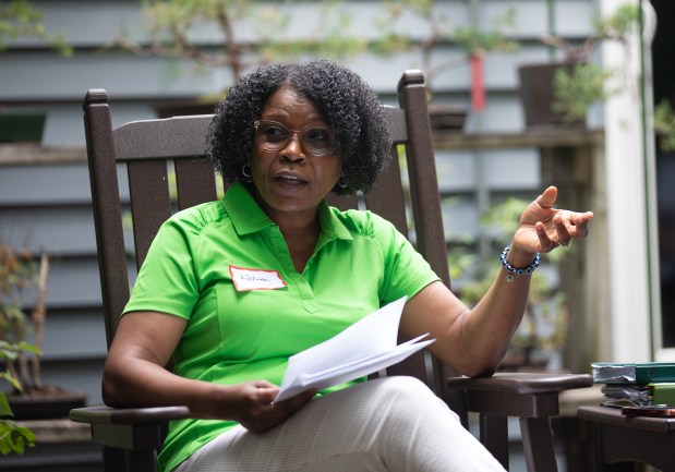 State Sen. Adriane Johnson speaks during a Illinois Solar Education Association solar house tour in Buffalo Grove on Saturday, July 20, 2024. (Talia Sprague/for the Pioneer Press)