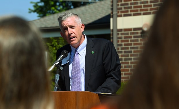 Glenview Village President Mike Jenny addresses the audience at the Youth Services of Glenview/Northbrook Groundbreaking event on July 17, 2024 in Glenview (Karie Angell Luc/Pioneer Press)