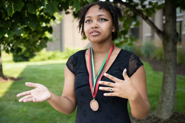 NAACP Gary Branch member Kennedy Heath speaks about placing third nationally in the vocal-classical music category at the NAACP Afro-Academic, Cultural, Technological, and Scientific Olympics earlier this month, on Friday, July 26, 2024. (Kyle Telechan/for the Post-Tribune)