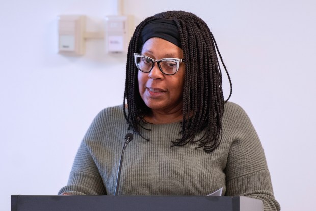 State Rep. Carolyn Jackson, D-Hammond, speaks in support of shutting down Summit scrapyard during an Indiana Department of Environmental Management hearing in Gary on Wednesday, May 15, 2024. (Michael Gard/for the Post-Tribune)