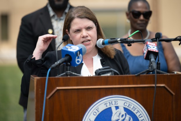 University of Notre Dame Director of the Housing & Community Regeneration Initiative Marianne Cusato speaks during a press conference to discuss a partnership between the organization and the city of Gary on Tuesday, July 23, 2024. (Kyle Telechan/for the Post-Tribune)