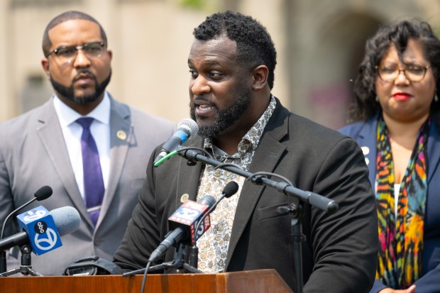 City of Gary Redevelopment Commission executive director Chris Harris speaks during a press conference to announce a partnership between the city and the University of Notre Dame Housing & Community Regeneration Initiative on Tuesday, July 23, 2024. (Kyle Telechan/for the Post-Tribune)