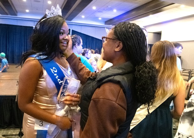 Second runner up Tia Combs is congratulated by her sister Tyjae following the 2024 Porter County Fair Queen Pageant at the Porter County Fairgrounds in Valparaiso, Indiana Saturday July 13, 2024. (Andy Lavalley for the Post-Tribune)