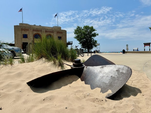 A propellor from the J.D. Marshall, which capsized in 1911, sits just east of the pavilion at Indiana Dunes State Park on Thursday, July 11, 2024. The J.D. Marshall, which sits underwater near the park, is Indiana's first official shipwreck nature preserve. The second will be dedicated on Thursday, July 18, 2024, off of Mount Baldy in the Indiana Dunes National Park. (Doug Ross/for Post-Tribune)