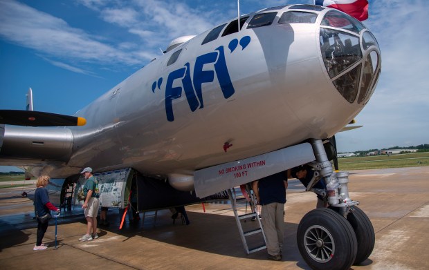 The Boeing B-29 bomber nicknamed "Fifi" is on display during the Air Power History Tour at the Porter County Airport on Wednesday, July 10, 2024. (Michael Gard/for the Post-Tribune)