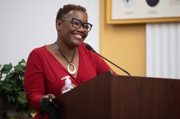 Former Gary Mayor Karen Freeman-Wilson speaks during an unveiling ceremony for her mayoral portrait on Friday, February 19, 2021.