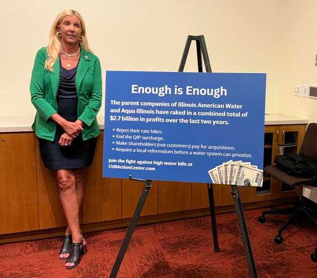 State Sen. Sue Rezin, of Morris, before a news conference July 10, 2024, opposing water rate hikes proposed by Aqua Illinois and Illinois American water systems. (Brett Johnson/Daily Southtown)