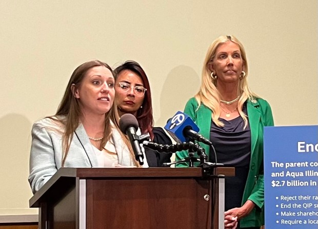 State Sen. Rachel Ventura, of Joliet, talks about legislative opposition to proposed water rates hikes by Illinois American and Aqua Illinois water systems during a July 10, 2024 news conference in Bolingbrook. (Brett Johnson/Daily Southtown)