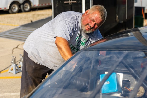 Dave Dotter drives a tribute car in honor of his father, Bob, during an event at Grundy County Speedway on Saturday, Sept. 26, 2020. (Chris Goodaker / Daily Southtown)