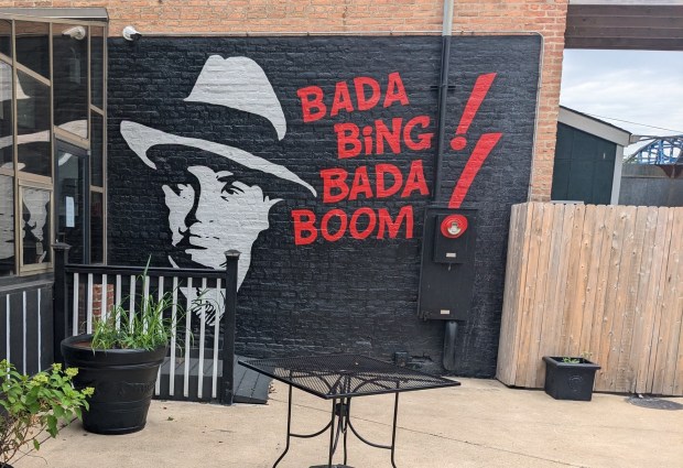One of Chris Campagna's designs decorates the wall of BaDa Bing WIngs in Blue Island. (Janice Neumann/Daily Southtown)