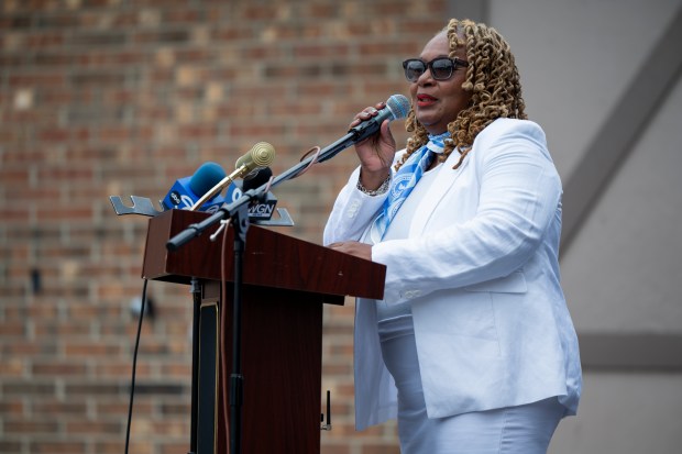 Dolton Village Clerk Alison Key, who is running for reelection, speaks July 28, 2024, at a campaign kick-off event. (Vincent Alban/for Chicago Tribune)