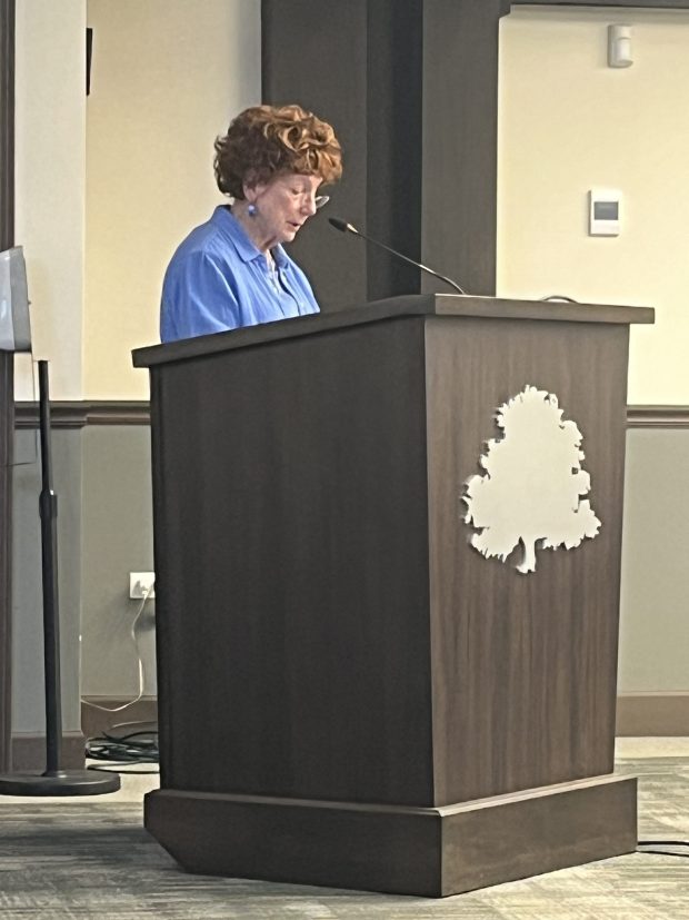 Former Homer Glen Trustee Margaret Sabo reads a statement against the township's proposed civic center July 24, 2024. (Michelle Mullins/for the Daily Southtown)