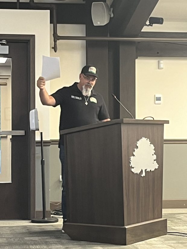 Homer Township Highway Commissioner Brent Porfilio speaks July 24, 2024, in favor of the civic center. (Michelle Mullins/for the Daily Southtown)