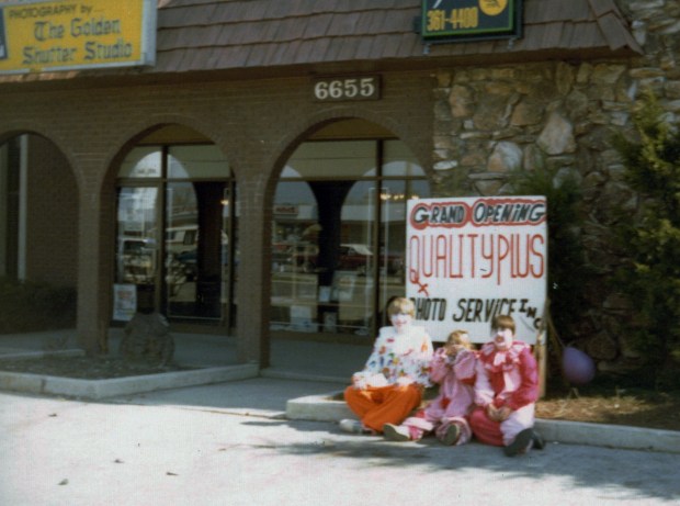 The grand opening for Mike and Judi Weber's Quality Plus Photo Service attracted a group of clowns in 1982 at its first storefront in Worth. Over the years the business shifted more and more to photo design services, though they still process film on site. In 2015, they moved the business to 12244 S. Harlem Ave. in Palos Heights. (Judi Weber)