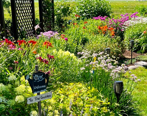 Ann Mitchell's garden in Flossmoor will be featured on Sunday's Southland Community Garden Walk. It includes raised vegetable beds alongside native pollinator plantings and cheerful adirondack chairs, built by her husband, Dale. (Laura Bruni/Daily Southtown)