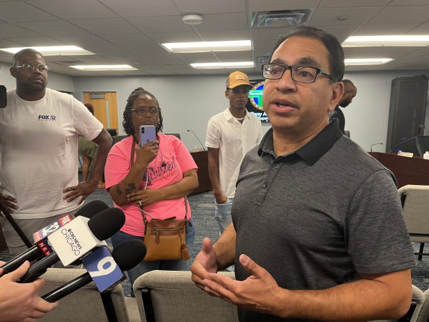 Thornton Township Trustee Chris Gonzalez speaks with members of the media about alleged transparency issues within Supervisor Tiffany Henyard's administration July 16, 2024. (Olivia Stevens/Daily Southtown)