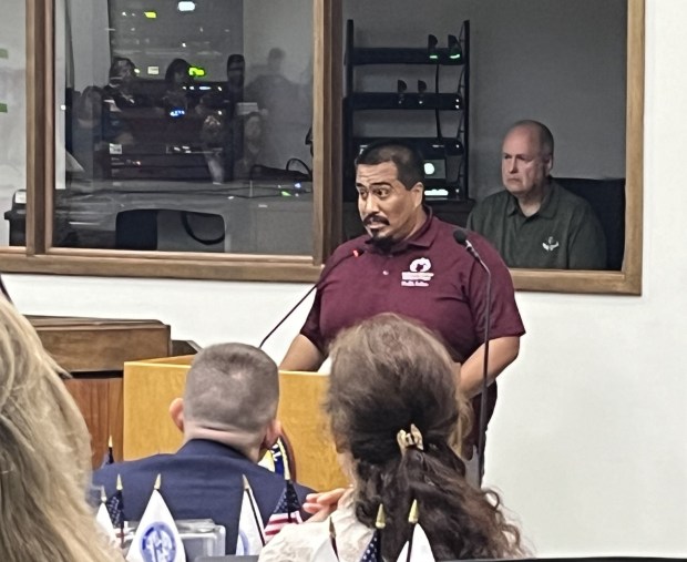 Jose Eduardo Vera, executive director of the Southwest Suburban Immigrant Project, a nonprofit in Bolingbrook, speaks out against the non-sanctuary county designation July 18, 2024. (Michelle Mullins/for the Daily Southtown)