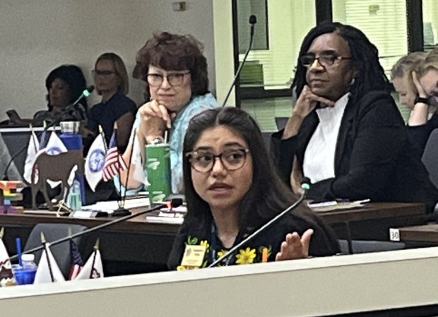 Board member Destinee Ortiz, a Democrat from Romeoville, speaks out July 18, 2024, against the proposed Will County resolution. Ortiz stressed the importance immigrants have on the community. (Michelle Mullins/for the Daily Southtown)