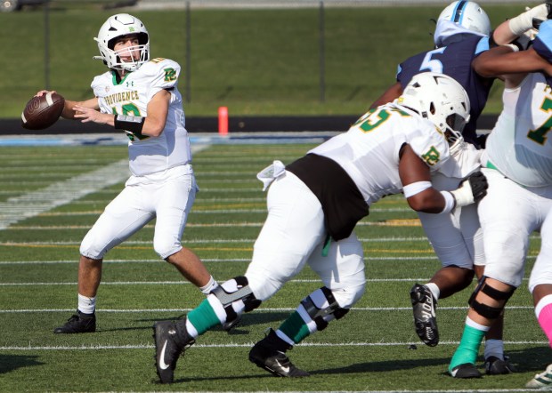 Providence's Leo Slepski completes a pass against Hillcrest during a Class 5A second-round playoff game in Country Club Hills on Saturday, Nov. 4, 2023.