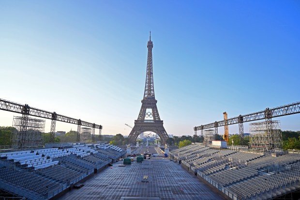 A view of the Eiffel Tower as the Olympic Rings are displayed 50 days before the opening of the Olympic Games at Place Du Trocadero on June 7, 2024 in Paris, France. (Aurelien Meunier/Getty Images)