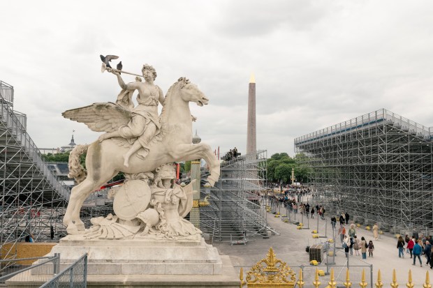 Stands under construction for a Summer Olympics venue at Place de la Concorde in Paris, April 4, 2024. (Dmitry Kostyukov/The New York Times)