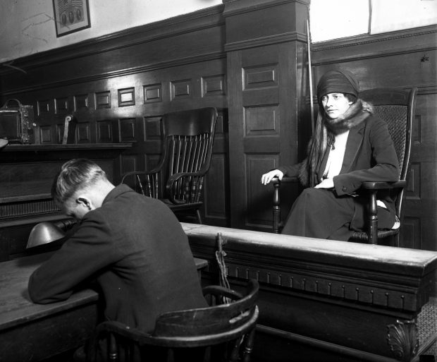 Belva Gaertner, who was acquitted of murdering Walter Law, is on the stand in 1924. (Chicago Tribune historical photo)