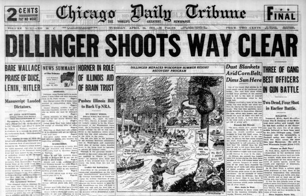 The April 24, 1934, Chicago Daily Tribune had a banner headline for the shoot-out between the lawmen and gangster John Dillinger at a Wisconsin resort. (Chicago Tribune)